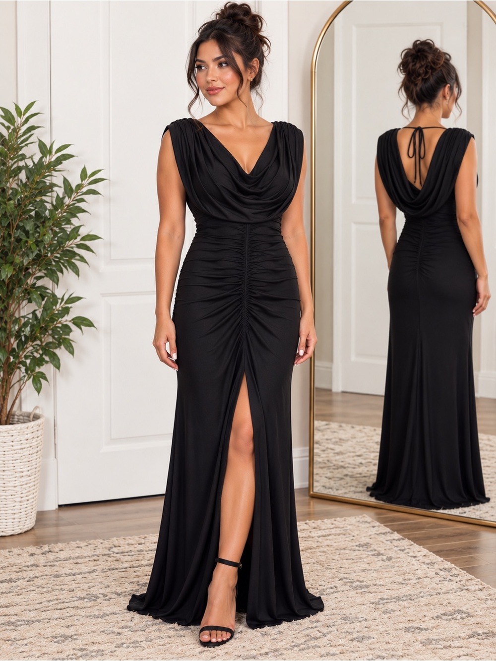 Alex & Sophia Cowlneck Ruched Maxi Dress – Black – Size 7/8
